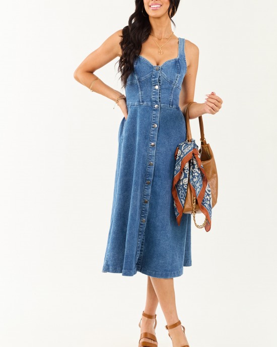 Medium Wash Button Down Sleeveless Denim Midi Dress