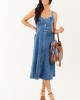 Medium Wash Button Down Sleeveless Denim Midi Dress