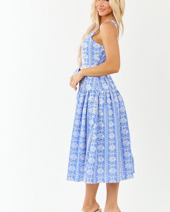 Cornflower Floral Embroidered Waist Tie Midi Dress