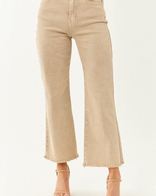 Beige Stretchy Acid Wash Bootcut Jeans