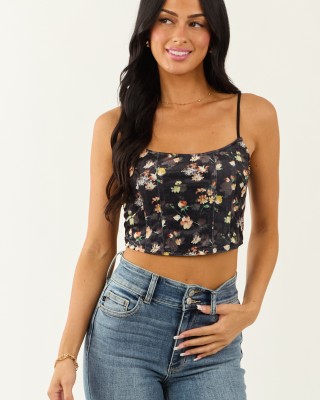 Black Floral Print Velvet Cropped Tank Top