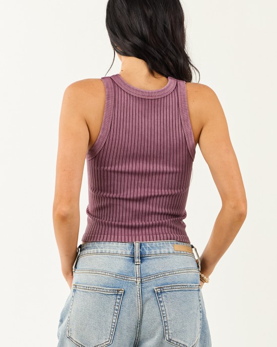 Plum Ribbed Stretchy Knit Washed Tank Top