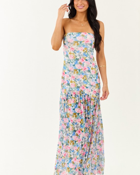 Ivory Floral Print Front Slit Mesh Maxi Dress