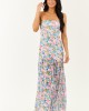 Ivory Floral Print Front Slit Mesh Maxi Dress