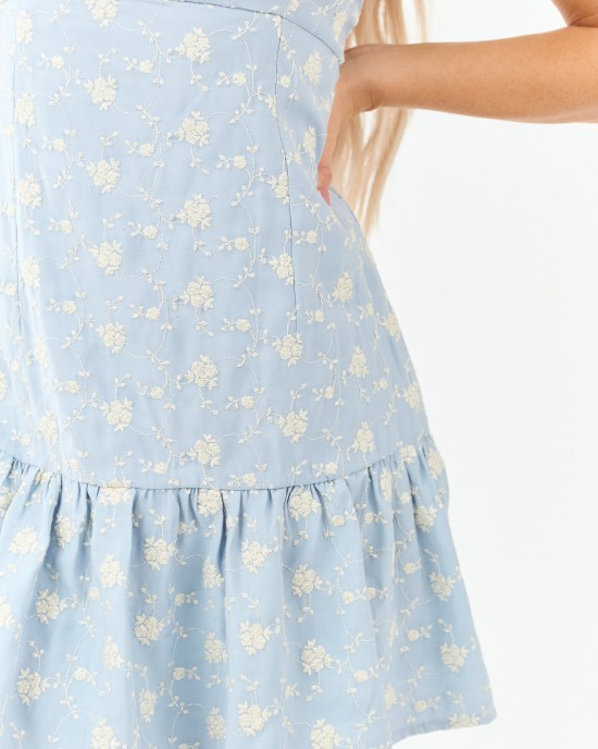 Powder Blue Floral Embroidered Strapless Mini Dress
