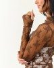 Walnut Mesh Lace Mock Neck Long Sleeve Top