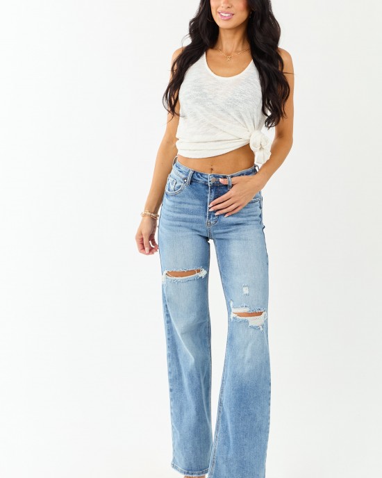 Risen Medium Wash Distressed Stretchy Wide Leg Jeans Risen Medium Wash Distressed Stretchy Wide Leg Jeans