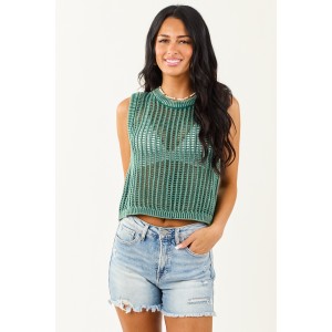 Pine Acid Wash Open Knit Cropped Tank Top