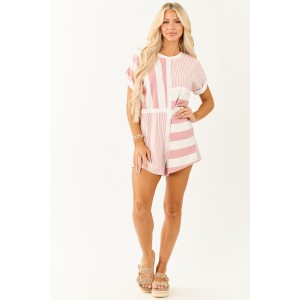 Dusty Blush and White Multiprint Striped Romper