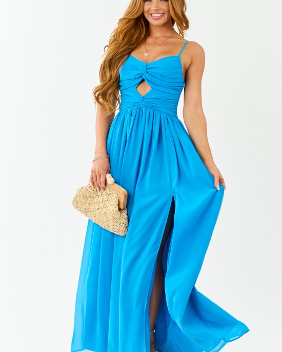 Azure Flowy Chiffon Front Twist Maxi Dress