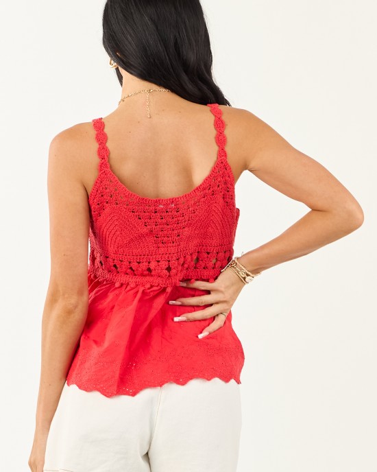 Cherry Knit Front Tie Eyelet Cotton Tank Top