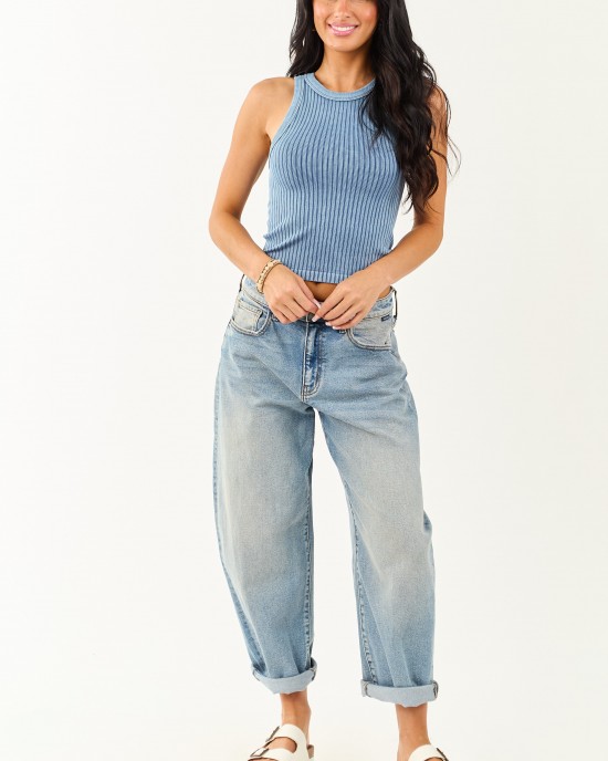 Steel Blue Ribbed Stretchy Knit Washed Tank Top