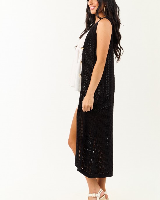 Black Open Knit Gold Buttoned Cotton Duster Vest