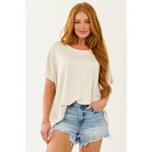 Ivory Ribbed Knit Short Sleeve Relaxed Top