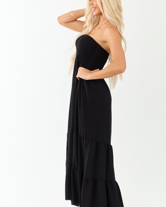 Black Smocked Tiered Strapless Maxi Dress