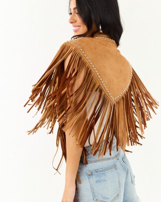 Brown Sugar Faux Suede Studded Fringe Shawl