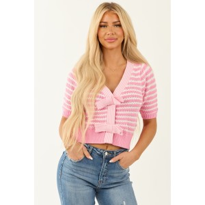 Bubblegum and Ivory Striped Half Sleeve Cardigan