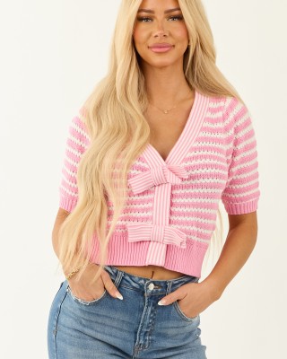 Bubblegum and Ivory Striped Half Sleeve Cardigan