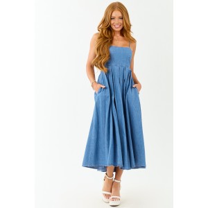Medium Wash Chambray Denim Open Back Midi Dress