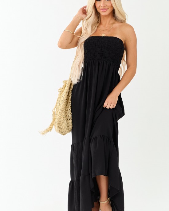 Black Smocked Tiered Strapless Maxi Dress