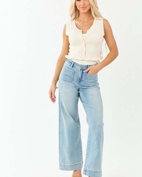 Hidden Light Wash Patch Pocket Stretchy Wide Leg Jeans