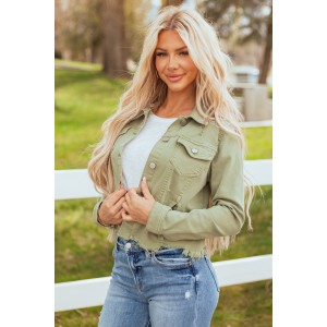 Risen Sage Button Up Distressed Denim Jacket