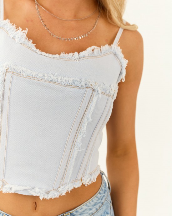 Light Wash Corset Style Frayed Hem Denim Tank Top Light Wash Corset Style Frayed Hem Denim Tank Top