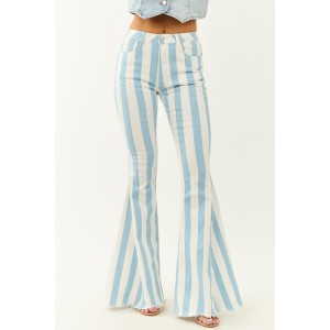 Powder Blue Striped Stretchy High Rise Flare Jeans