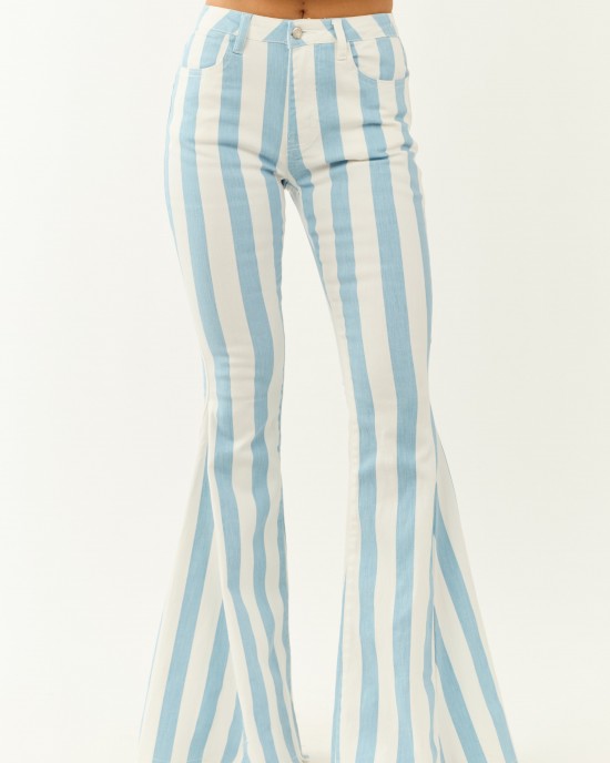 Powder Blue Striped Stretchy High Rise Flare Jeans Powder Blue Striped Stretchy High Rise Flare Jeans