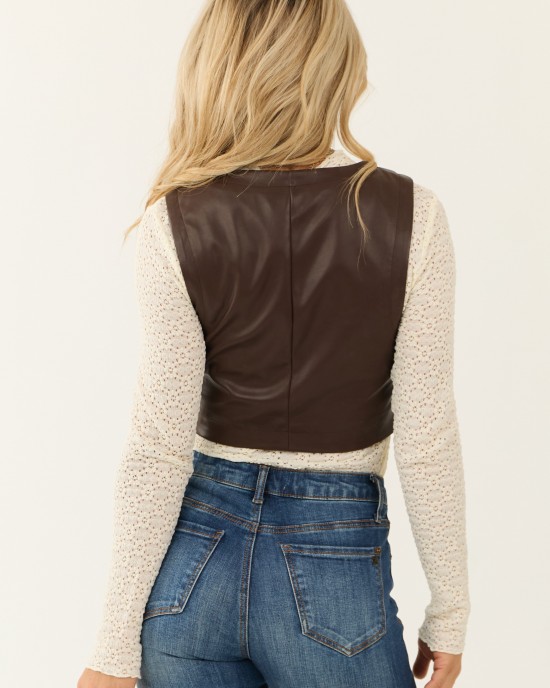 Sepia Faux Leather Button Up Cropped Vest