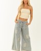 POL Powder Blue Railroad Stripe Wide Patchwork Pants POL Powder Blue Railroad Stripe Wide Patchwork Pants