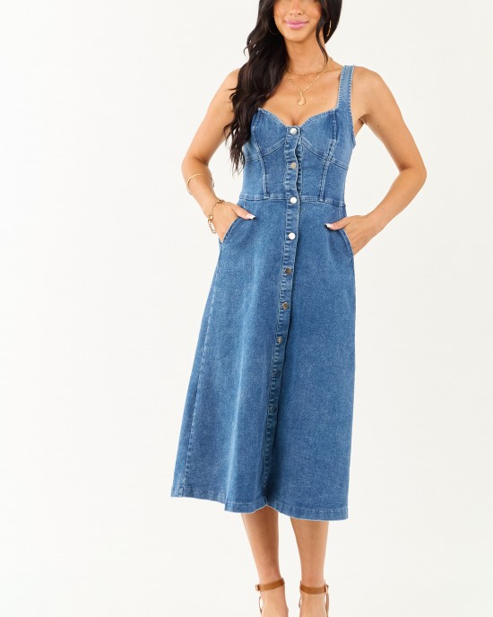 Medium Wash Button Down Sleeveless Denim Midi Dress