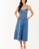 Medium Wash Button Down Sleeveless Denim Midi Dress