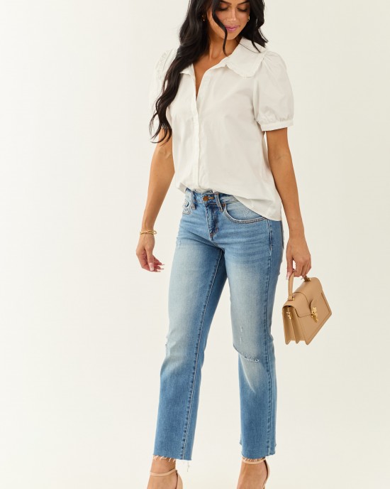 Lovelo Ivory Cotton Button Up Short Sleeve Blouse