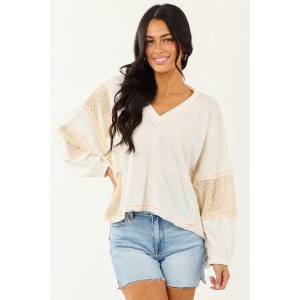 POL Off White and Cream Contrast Knit Relaxed Top