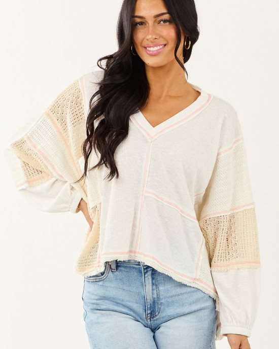 POL Off White and Cream Contrast Knit Relaxed Top