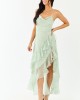 Sage Ditsy Floral Chiffon Ruffle High Slit Maxi Dress