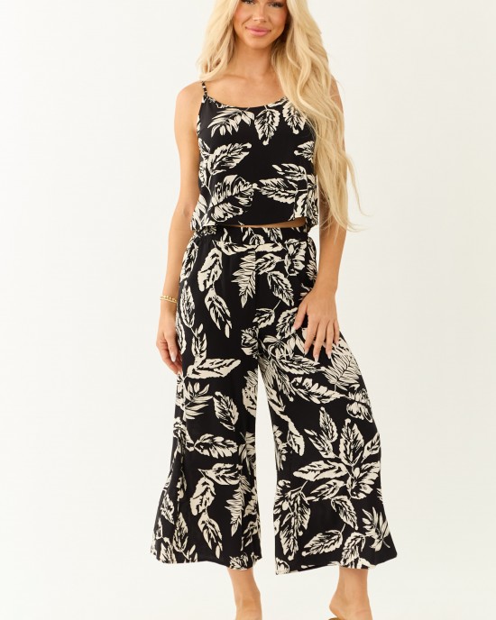 Black Leaf Print Cami Top and Wide Leg Pant Set Black Leaf Print Cami Top and Wide Leg Pant Set
