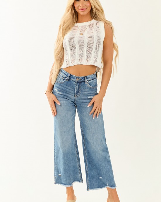 Risen Cropped Frayed Slit Hem Stretchy Wide Jeans