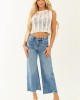 Risen Cropped Frayed Slit Hem Stretchy Wide Jeans