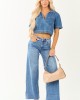 Risen Medium Wash Denim V Neck Short Sleeve Top