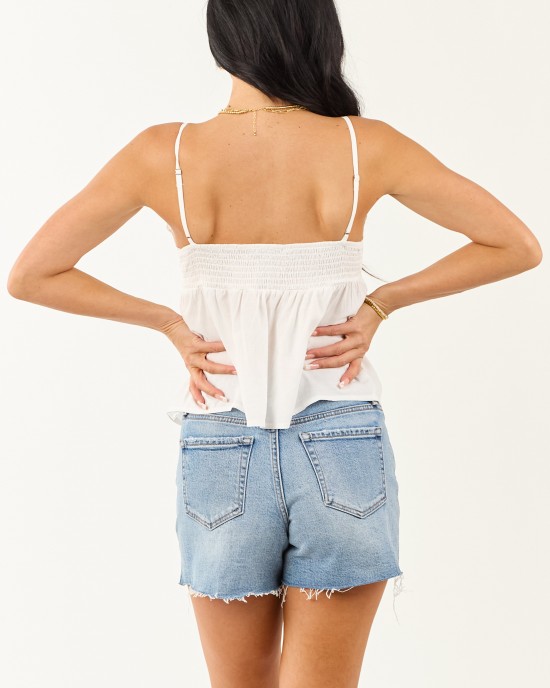Off White V Neck Lace Trim Button Down Tank Top