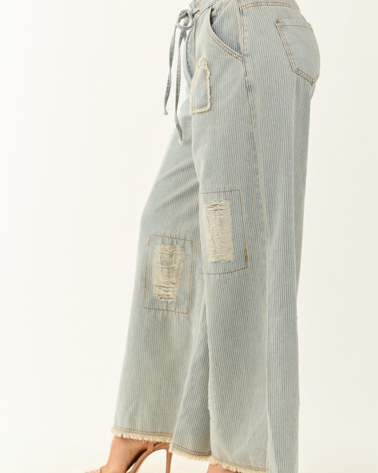 POL Powder Blue Railroad Stripe Wide Patchwork Pants POL Powder Blue Railroad Stripe Wide Patchwork Pants