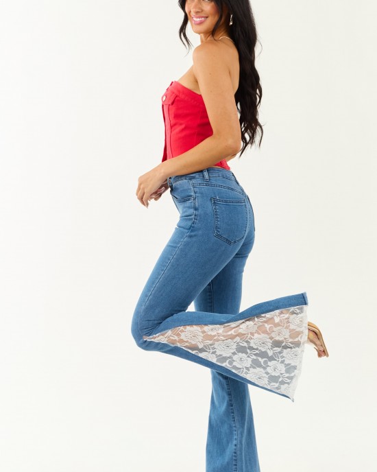 Medium Wash Lace Contrast Stretchy Flare Leg Jeans