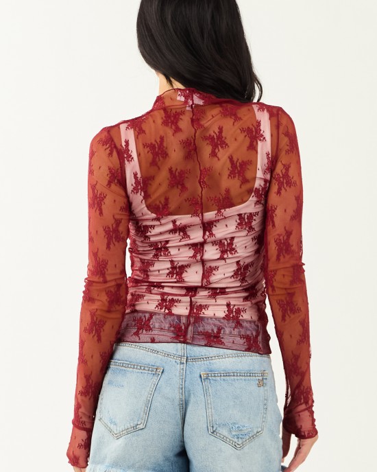 Wine Mesh Lace Mock Neck Long Sleeve Top