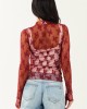 Wine Mesh Lace Mock Neck Long Sleeve Top