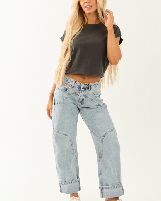 Saige Light Wash High Rise Cuffed Barrel Jeans