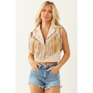 Champagne Faux Leather Western Fringe Zip Up Vest