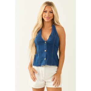 Dark Wash Denim Buttoned Halter Back Tie Vest