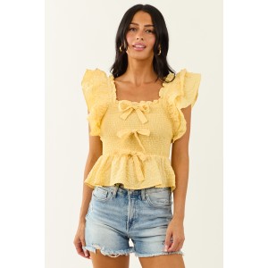 Entro Lemon Gingham Smocked Ruffle Top